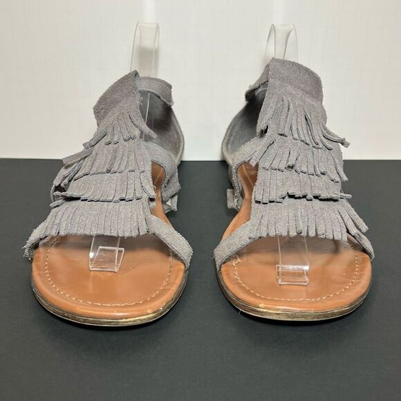 Womens MINNETONKA Maui Grey Leather Fringe Ankle Strap Sandals / Size 8 - Picture 2 of 8